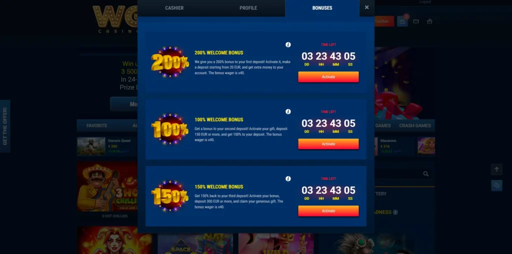 WG Casino bonuses and promotions.