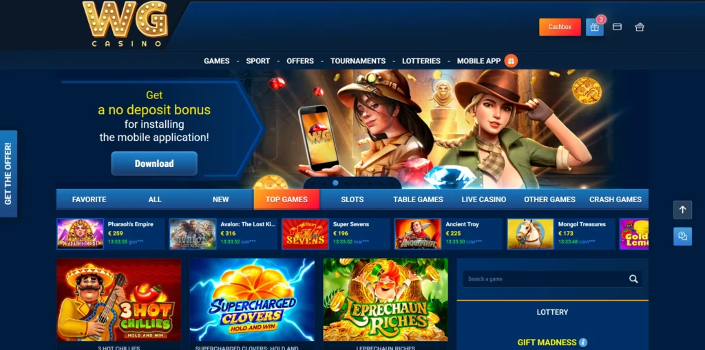 WG Casino games and winnings.