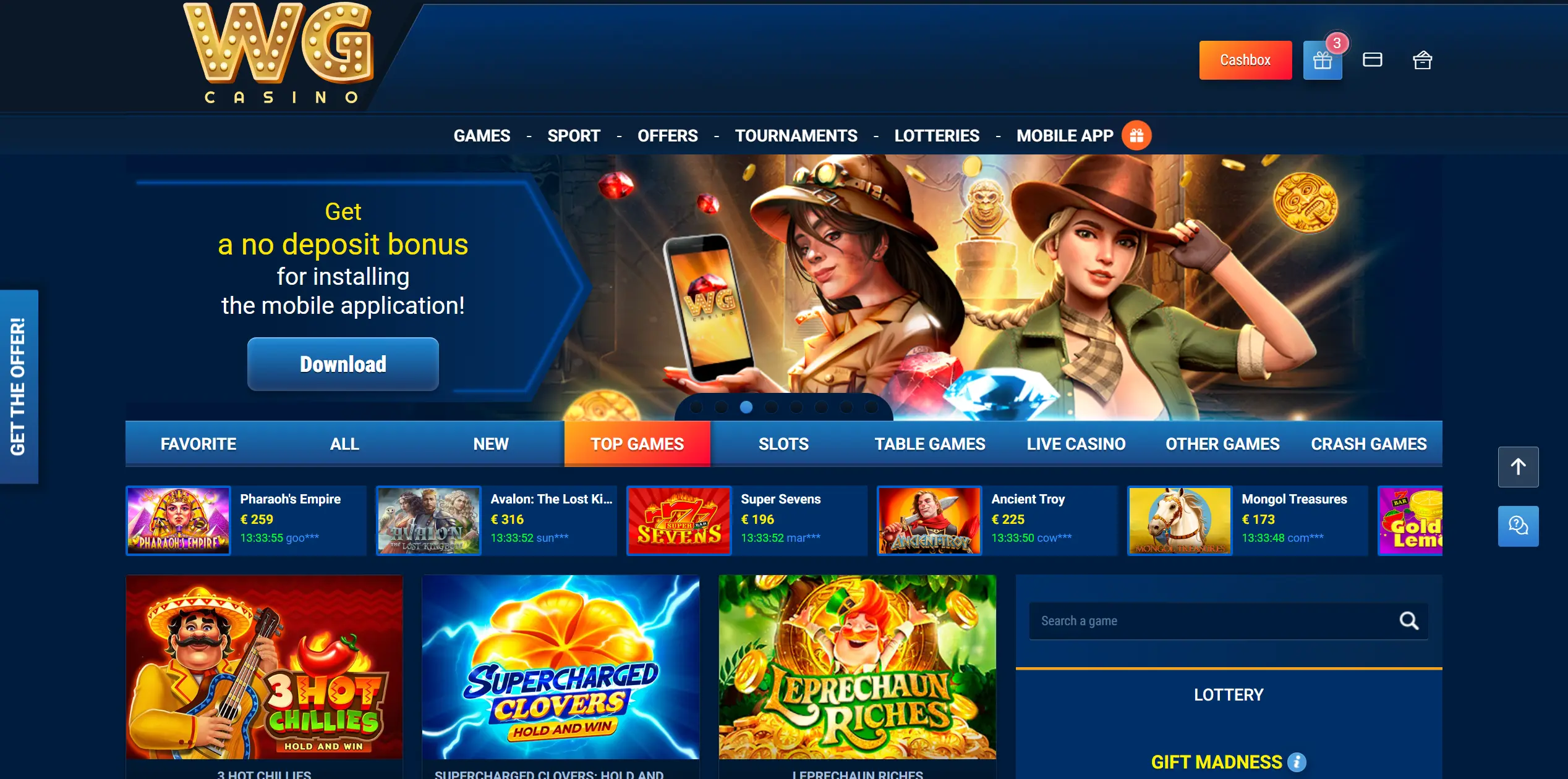 WG Casino games and winnings.