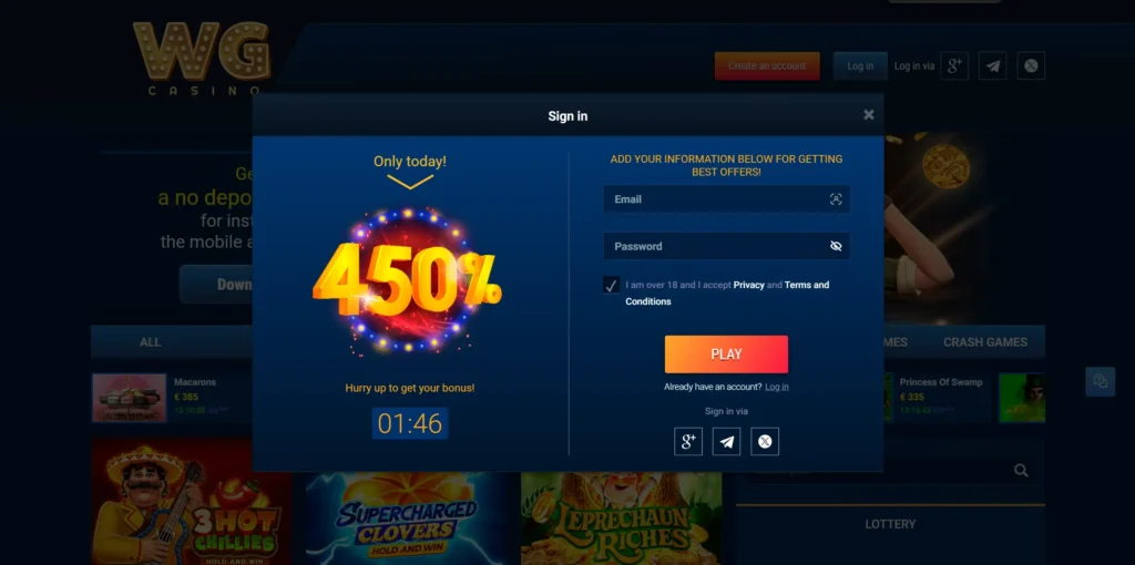 WG Casino registration and bonus.