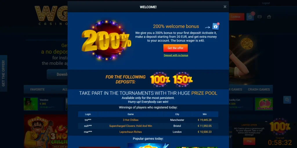 WG Casino welcome bonus.